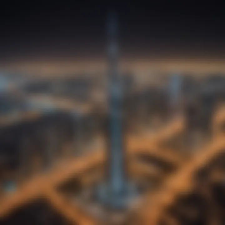 Night view of Al Masood Tower illuminated against the Dubai skyline