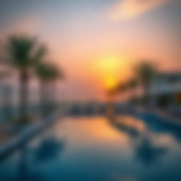 Tranquil Evenings: Sunset Over a Beachfront Oasis Serene sunset over a beachfront pool in Dubai