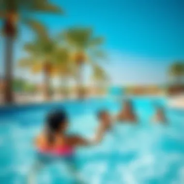 Family Fun at the Wave Pool Families enjoying a wave pool surrounded by palm trees and colorful umbrellas.