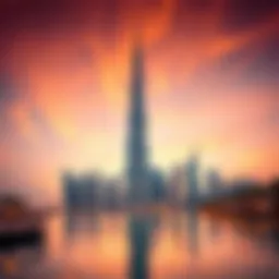 Stunning view of Burj Al Durrah reflecting the Dubai skyline at sunset