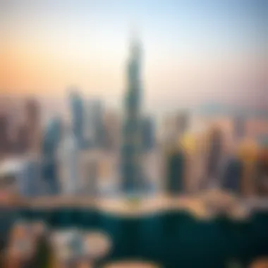 Aerial Perspective of Burj Al Sharq Within Dubai's Skyline Aerial shot of Burj Al Sharq amidst the Dubai skyline, emphasizing its prominence and scale.