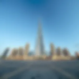 A panoramic view of Burj Al Sharq from the ground, showcasing its grandeur against a clear sky.