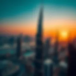 Stunning view of Burj Binghatti against the Dubai skyline at sunset