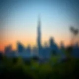 Stunning skyline view of Burj Vista Tower 1 against the setting sun