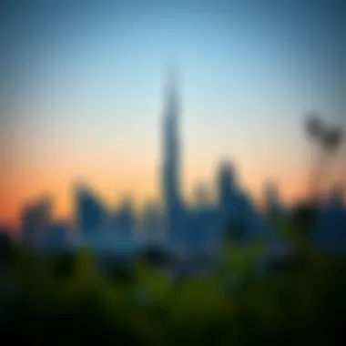 Stunning skyline view of Burj Vista Tower 1 against the setting sun