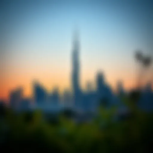 Stunning skyline view of Burj Vista Tower 1 against the setting sun