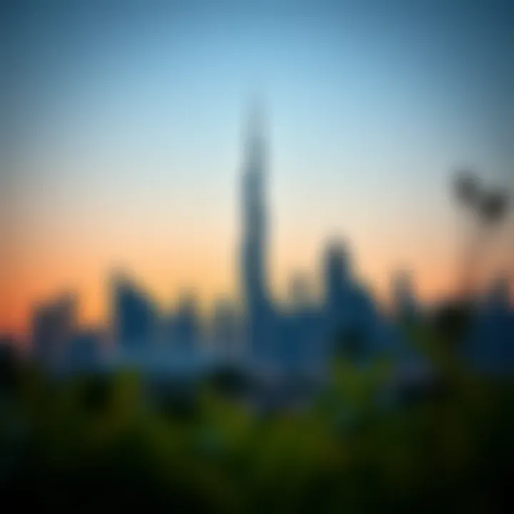 Stunning skyline view of Burj Vista Tower 1 against the setting sun