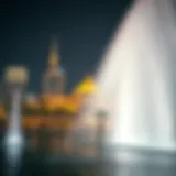 A picturesque view of the Dubai Fountain illuminated at night