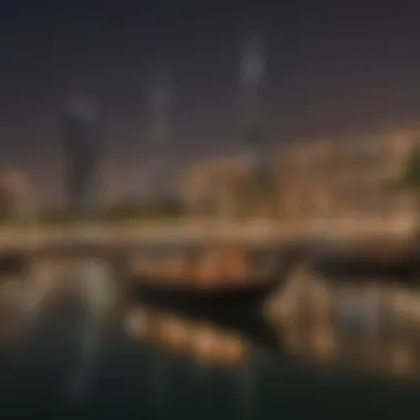 A panoramic view of Dubai Creek showcasing traditional abra boats and modern buildings.