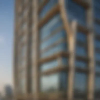 Close-up of the intricate facade design of Dubai Creek Tower emphasizing its modern aesthetics