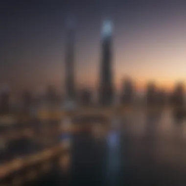 Night view of Dubai Creek Tower with the city skyline illuminated in the background