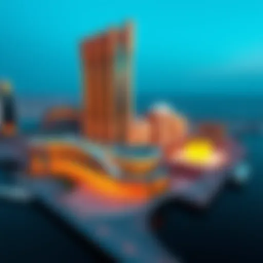 Aerial View of Dubai Mall Waterfront Promenade Aerial view of the Dubai Mall Waterfront Promenade showcasing its stunning architecture