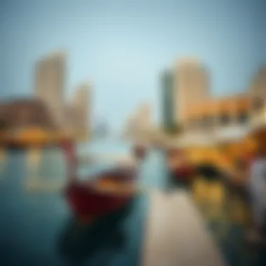 Dubai Creek: Where Tradition Meets Modernity A serene vista of the Dubai Creek, highlighting traditional wooden dhows and vibrant markets