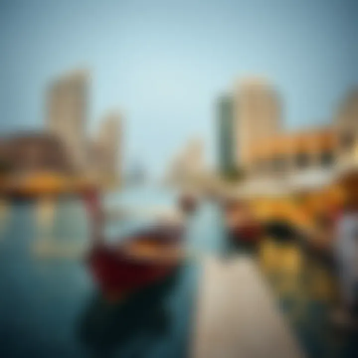 Dubai Creek: Where Tradition Meets Modernity A serene vista of the Dubai Creek, highlighting traditional wooden dhows and vibrant markets