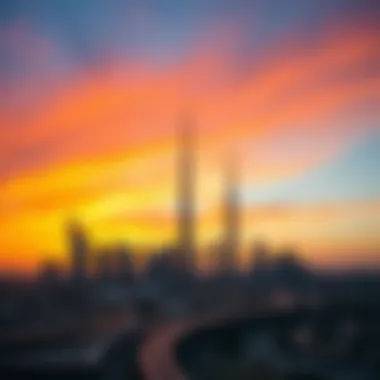 Dubai Skyline at Sunset Breathtaking skyline view of Dubai at sunset, showcasing futuristic architecture