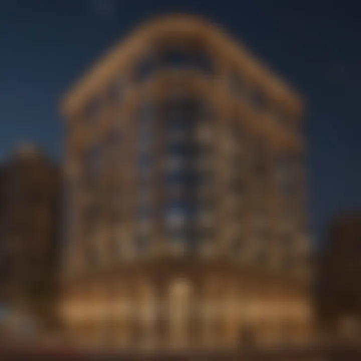 Night view of Al Kazim Building illuminated, showcasing its striking facade