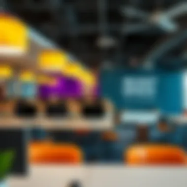 Vibrant Workstations in Coworking Space An innovative coworking space featuring vibrant workstations