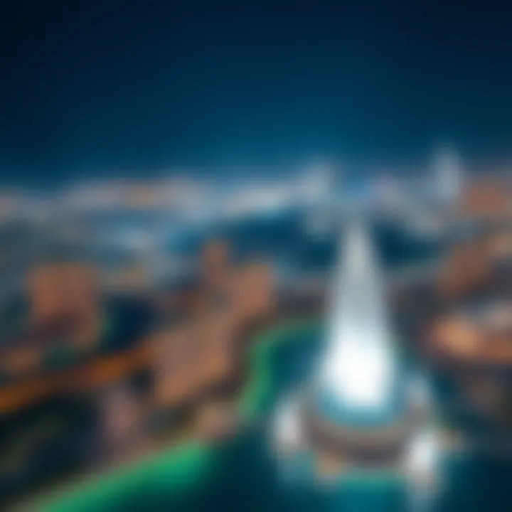 Nightscape of the Dubai Fountain and Surroundings An aerial view of the Dubai Fountain and surrounding areas at night