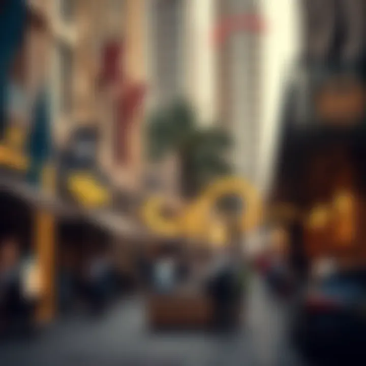 Vibrant Street Life in Downtown Dubai A vibrant street scene in Downtown Dubai featuring cafes and art installations