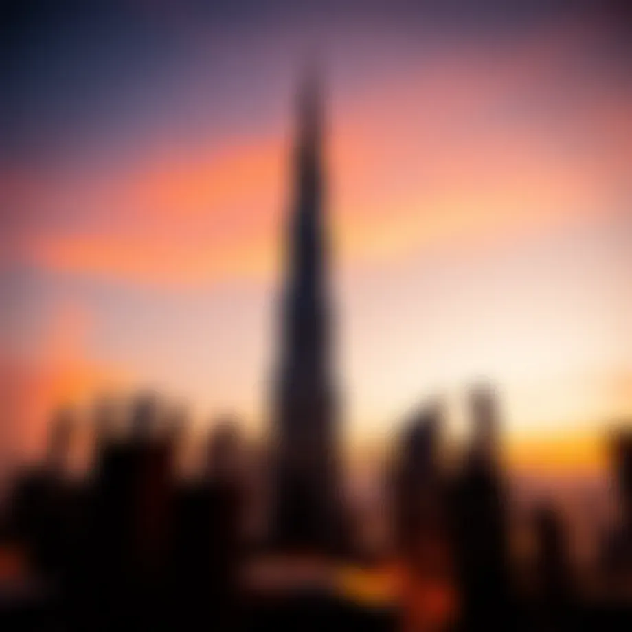The Burj Khalifa towering over the Dubai skyline at sunset