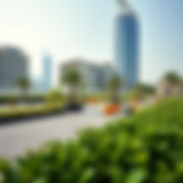 An inviting outdoor space within Emaar Dubai Creek Harbour featuring recreational areas and lush greenery