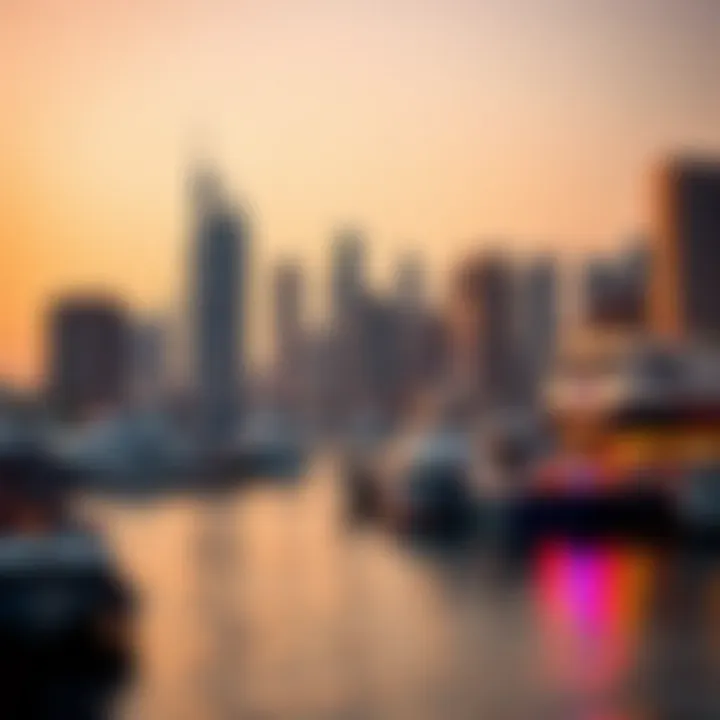 A vibrant skyline view of Dubai Creek with Emaar Dubai Creek Harbour prominently featured