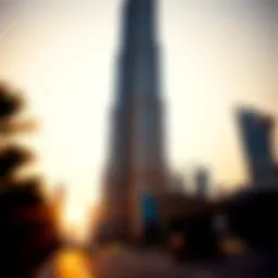 Burj Khalifa towering against a sunset sky