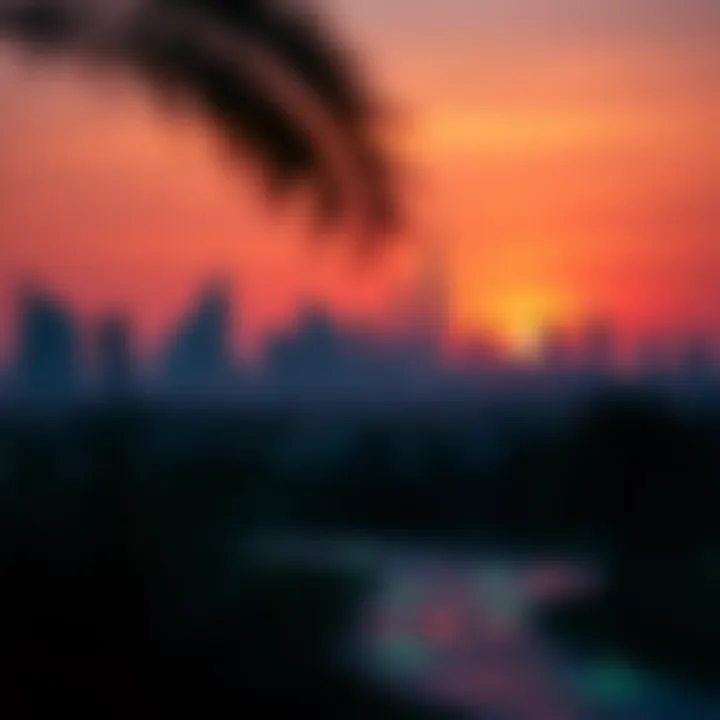 A vibrant sunset over Dubai skyline viewed from Jaddaf Park