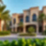 Elegant facade of Rashidiya villas with lush landscaping