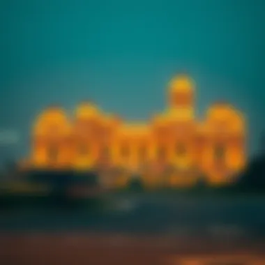 Stunning architectural landmark lit up at nighttime