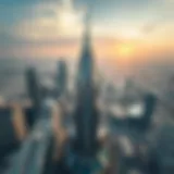 Aerial view of Sheikh Al Mur Tower showcasing its unique architectural design within the Dubai skyline