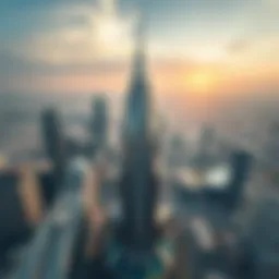 Aerial view of Sheikh Al Mur Tower showcasing its unique architectural design within the Dubai skyline