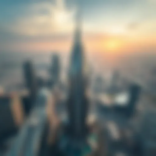 Aerial Perspective of Architectural Brilliance Aerial view of Sheikh Al Mur Tower showcasing its unique architectural design within the Dubai skyline