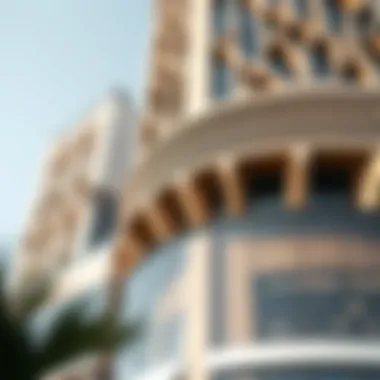 Close-up shot of Sheikh Al Mur Tower highlighting intricate facade details and modern materials used