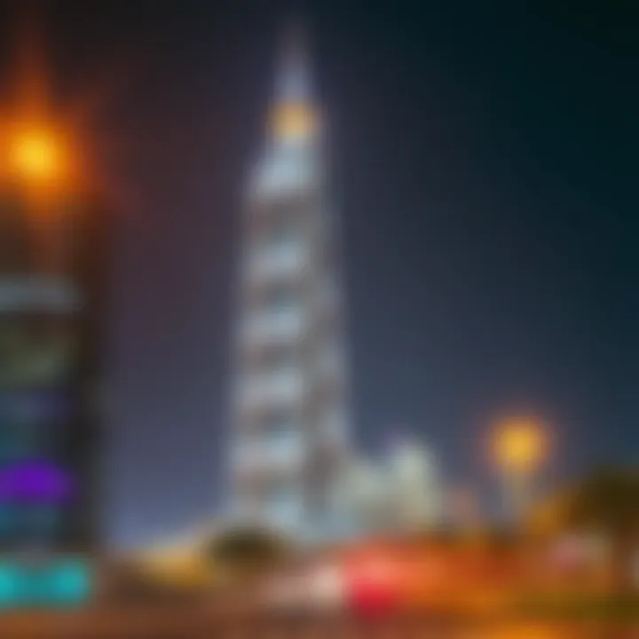 Night view of Sheikh Al Mur Tower illuminated, showcasing its prominence in the Dubai landscape