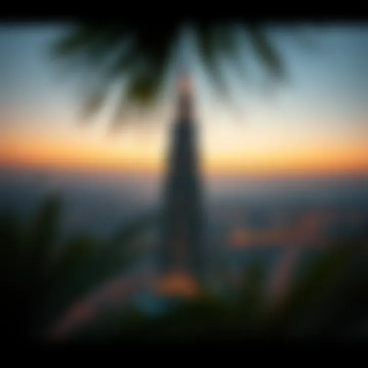 Panoramic view of Sheikh Al Mur Tower at sunset, blending beautifully with the surrounding skyline