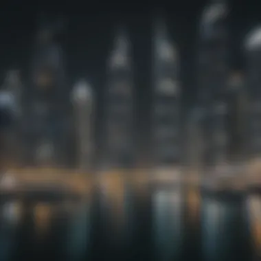 Night view of Dubai Marina illuminated with vibrant lights