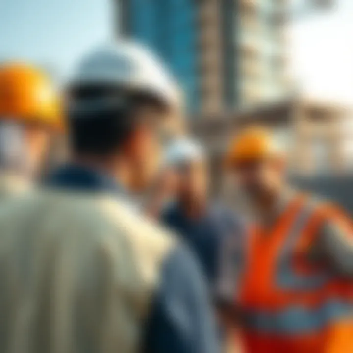 Discussion on the Future of Dubai Creek Tower Construction Construction workers discussing plans for the Dubai Creek Tower