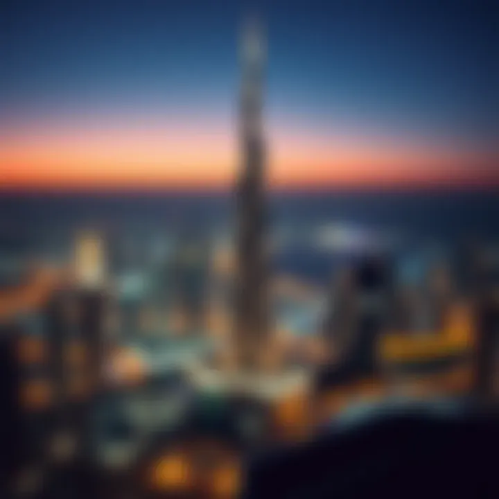 Nighttime skyline of Dubai featuring Latifa Tower illuminated