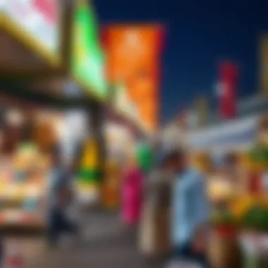 A vibrant marketplace bustling with activity during Ramadan nights.