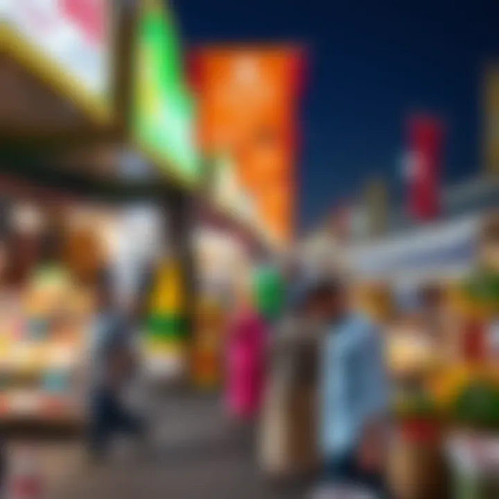 A vibrant marketplace bustling with activity during Ramadan nights.