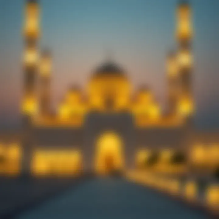 A serene view of a mosque illuminated at dusk during Ramadan.