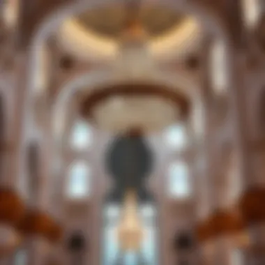 Opulent Interior with Chandelier and Calligraphy Interior view highlighting the stunning chandeliers and calligraphy inside the mosque