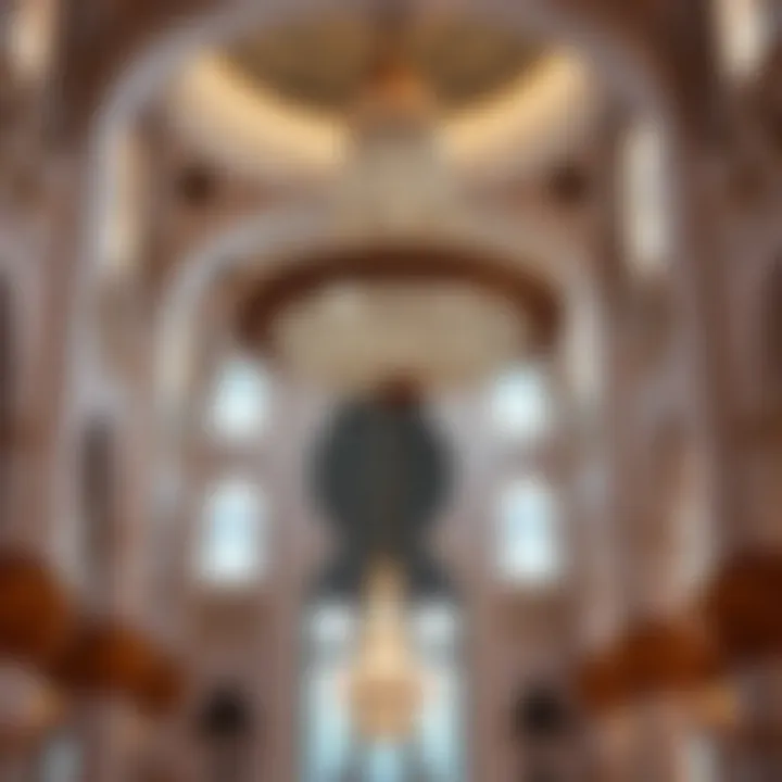 Opulent Interior with Chandelier and Calligraphy Interior view highlighting the stunning chandeliers and calligraphy inside the mosque