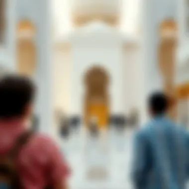 Visitors Engaging with the Mosque's Architecture Visitors admiring the architectural details and serene atmosphere of the mosque