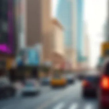 A bustling scene along Sheikh Zayed Road highlighting its vibrant atmosphere.