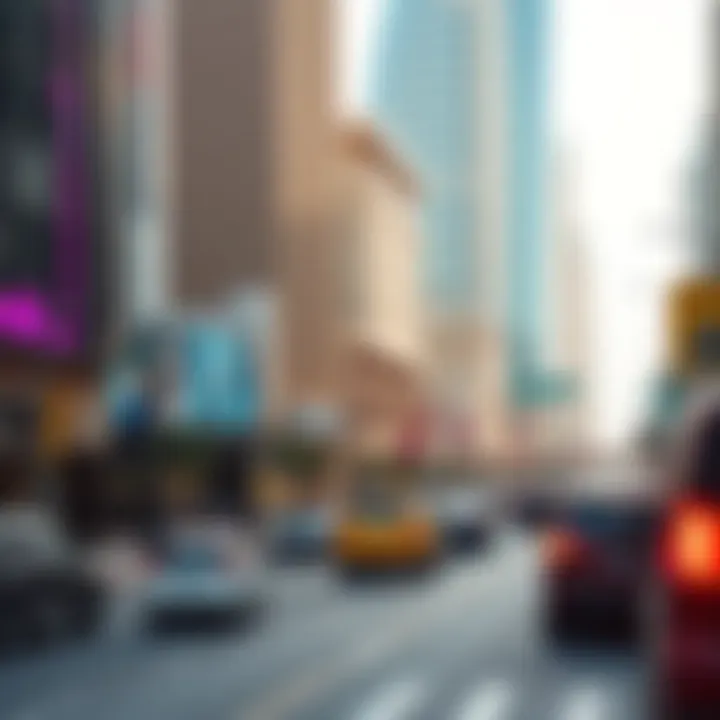 A bustling scene along Sheikh Zayed Road highlighting its vibrant atmosphere.