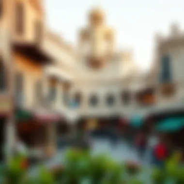 A panoramic view of Dubai's Old Market showcasing the traditional architecture and vibrant atmosphere