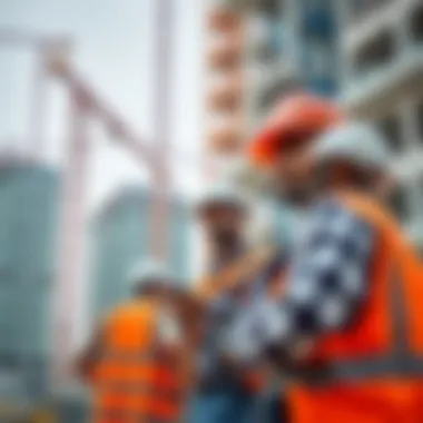 Construction workers collaborating on a large-scale building project