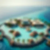 Aerial view of a stunning crystal lagoon surrounded by luxury villas.